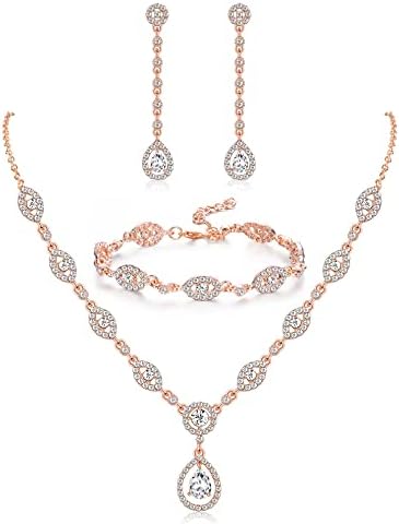 JeweBella Wedding Bridal Jewellery Set for Women Crystal Teardrop Statement Necklace Earrings Bracelet Set Gifts Wedding Engagement Bridesmaid Costume Dress Prom Jewelry Sets Blue/Silver/Red/Rose Gold