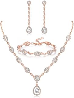 JeweBella Wedding Bridal Jewellery Set for Women Crystal Teardrop Statement Necklace Earrings Bracelet Set Gifts Wedding Engagement Bridesmaid Costume Dress Prom Jewelry Sets Blue/Silver/Red/Rose Gold