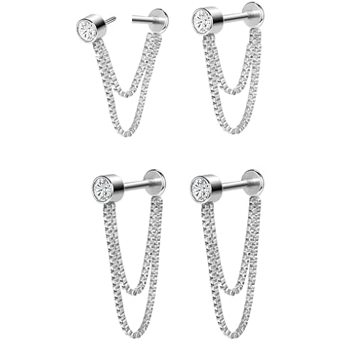 AoedeJ 2 Pairs Flat Back Stud Earrings Push In Flat Back Earrings for Cartilage Earring Chain Threadless Flat Back Earrings for Women (Silver) Cover