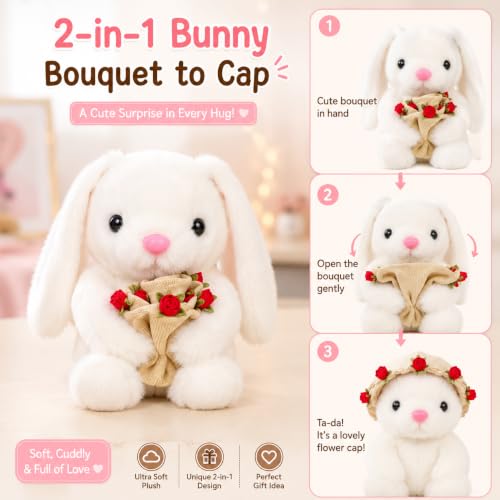 Image of SCOOBA 2 in 1 Bouquet Cap Bunny Soft Toy 15cm (Transformation Bouquet Bunny White)