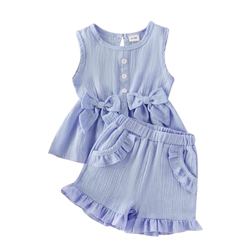 Image of Toddler Girl Clothes Sleeveless Top Shorts 2Pc Summer Outfit 12M-5T | 100% Cotton, Soft breathable, Double crepe fabric, Adorable bow ruffle pocket design, Perfect for daily wear, birthday, party