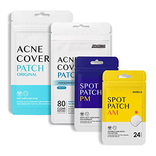 AVARELLE Pimple Patches Hydrocolloid Acne Patches, Acne Spot Treatment for Blemishes and Zit with Tea Tree Oil, Calendula Oil and Cica Oil for Face, Vegan, Cruelty Free (40 CT + AM + PM + 80 CT)