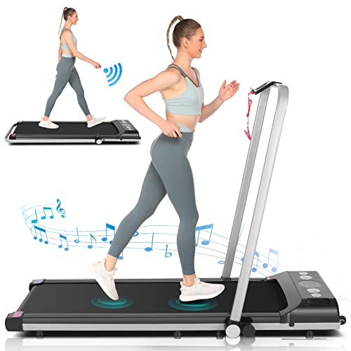 Folding Treadmill, 2-in-1 Under-Desk Treadmill for Home, Office, Gym. Compact Jogging/Running Machine with Remote Control, Bluetooth Speaker and LED Display,No Assembly Needed (Silver)