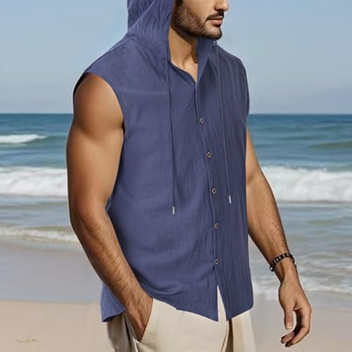 Camisetas sin Mangas con Capucha para Hombre de Lino con Botones Casuales 7
