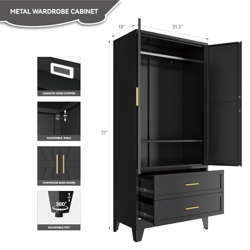 Image of Black Metal Wardrobe Closet, Armoire Wardrobe with Two Drawers Clothes Cabinet for Bedroom, 71 inch Tall Farmhouse Steel Armoire Closet with Drawers and 2 Doors Clothing Storage Cabinet with Hanging Rod