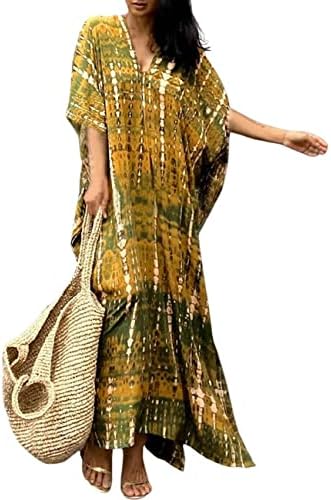 Bsubseach Women Print Beach Kaftan Dress Short Sleeve Plus Size Bathing Suit Cover Ups