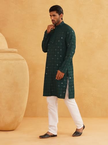 Image of SOJANYA (Since 1958 Men's Cotton Embroidered Sequinned Kurta with white Churidaar Pyjama