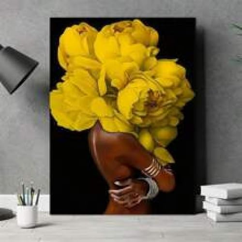 Peinture sur toile de femme africaine avec fleur jaune cadre en bois noir - 6