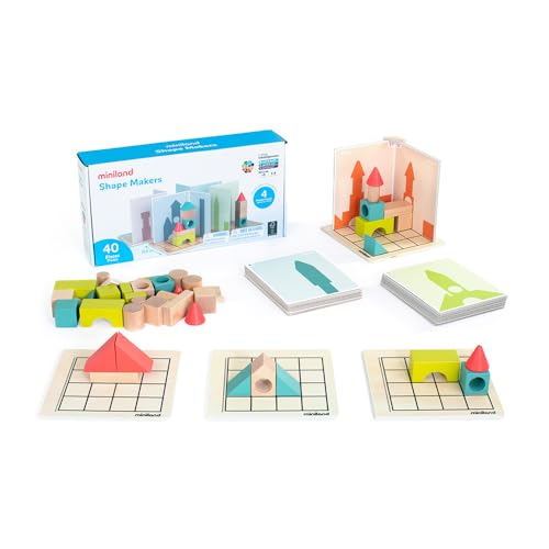 Miniland - Shape Makers, Juego de Construcción con Piezas de Madera | Juego de Mesa para Niños Desde 6 años con tableros de Jugador