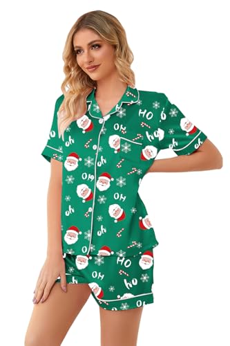 Image of Schbbbta Womens Pajamas, Satin Silk Pjs 2 Pcs Set Button-Up Short Sleeves Notched Collar Sleepwear Soft Cozy Cool Loungewear, R Christmas Santa Claus, X-Large