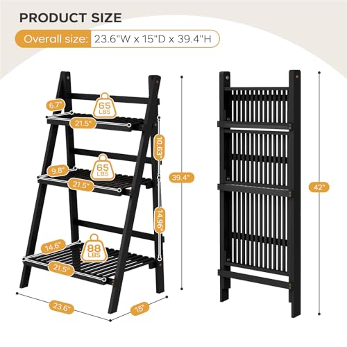 Image of oakvivo 39.4 inch Foldable Plant Shelf Ladder Shelf, 3 Tier Bamboo Ladder Flower Pot Display Shelf, Freestanding Ladder Bookshelf for Garden, Balcony, Yard, Living Room, 23.6 inch W x 15 inch D x 39.4 inch H, Black