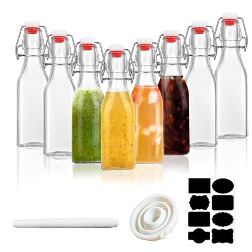 ZhouZGlass 8 Pack Glass Bottles with Stoppers 250ml, Clear Swing Top Bottles with Labels & Pen and Funnel for Beer Brewing with Airtight Stoppers for Wine, Condiments, Beverages, Oil, Vinegar, Kombuch
