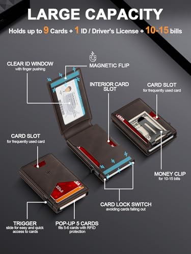 Image of Wallet for Men, Slim Minimalist Wallet with Money Clip&ID Window, RFID Blocking Pop-Up Credit Card Holder, Smart Auminum Mens Wallet Holds 9-13 Cards (Gift Box) (Coffee Brown)