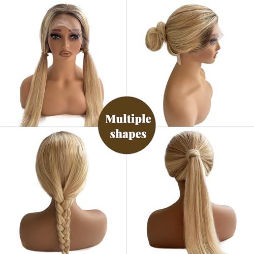Image of Belaved 13x4 Straight Lace Front Wigs Human Hair for Women, 24 Inch Highlights Ombre Golden Brown Mixed Blonde with Brown Roots HD Lace Frontal Wig Human Hair, Glueless Wig Pre Plucked Bleached Knots