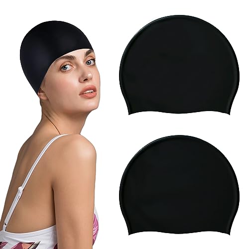 KEYRI 2 Pcs Silicone Swimming Caps Elastic Swim Caps Waterproof Cap Lightweight Comfortable Anti Slip Swimming Hats for Women Men Adults Durable Unisex Bathing Caps for Long Short Hair (2 Black)