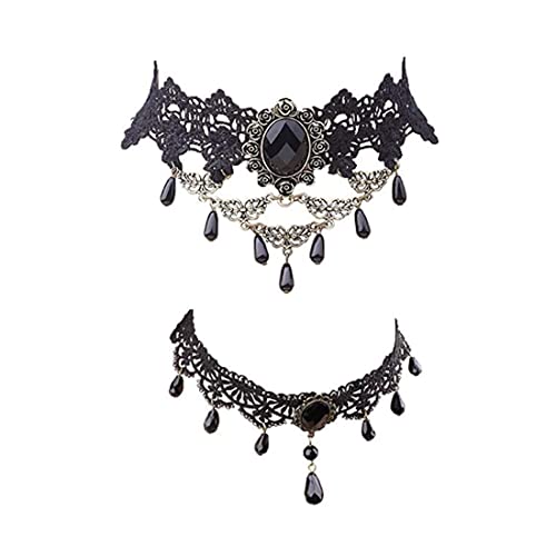 Gothic Halskette Set Schwarz Halsschmuck Damen Spitze Kette Damen Gotisch Choker Zubehör Vintage Halsband Victorian Schmuck für Halloween Pfingsten Maskerade Karneval Fasching Halloween Outfit,2 Stück