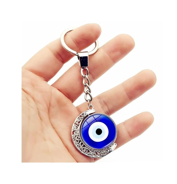 Eminent® Rotating Evil Eye Keychain | Gold Crescent Moon Design with Blue Turkish Eye | Protective Charm for Car Keys, Home Keys & Bag Accessory (SILVER)-image-16