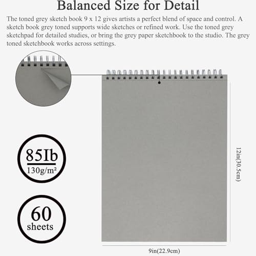 Image of Fuxi Toned Grey Sketch Pad, 9x12 Spiral Sketchbook, 60 Sheets (85lb /130gsm) Art Paper, Artist Paper for Drawing with Pencil, Charcoal for Artists & Students, Art Class.