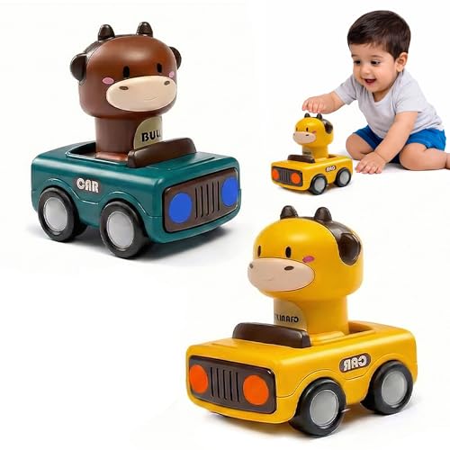 Image of Kidology Press & Go Friction-Powered Cars for Babies 0-3 Years - Animal Mini Racing Car, Push & Go Vehicle for Early Learning, Motor Skill Development, Fun Toy for Toddlers & Kids - Pack of 2