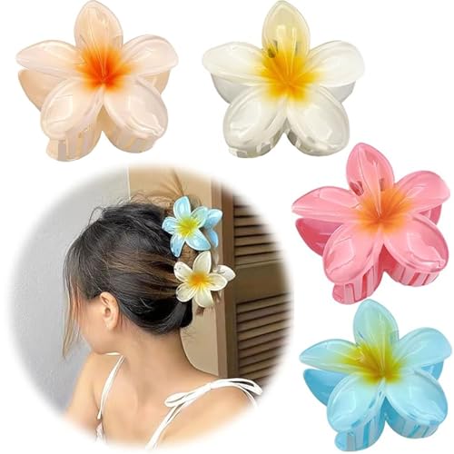 Pinzas para Pelo con Flores Mujer - Juego de 4 Piezas, Pinza Pelo Flor Hawaianas, Antideslizantes Coloridas Grande Pinzas de Pelo, Agarre Fuerte, Hair Garra Clip para Mujeres Niñas Diario Fiesta Playa