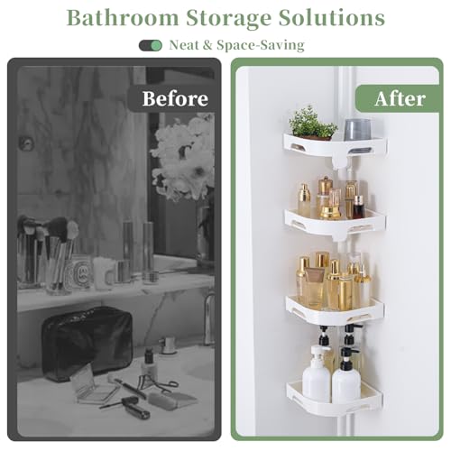 Image of akinbas Tension Pole Shower Caddy Organizer with 4 Tier L-Shaped Rust Resistant Bathroom Corner Shelves with 34-124 Inch Adjustable No Drilling Quick Install Shower Rack for Bath Essentials (White)