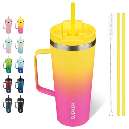 Image of BJPKPK 22oz Insulated Tumbler with Handle, Lid & Straw, Stainless Steel | Double Wall Vacuum Insulated Coffee Travel Mug - Keeps Cold & Hot, BPA Free, Cupholder Fit for Office, Gym & Travel