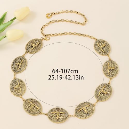 Girouette Vintage Western Cowgirl Chain Belt with Bull Head Medallion - Antique Gold Tone Accessory for Rodeo, Country Music Concerts & Western Theme Parties2