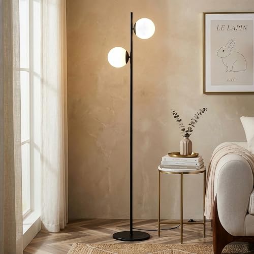 Brightech Sphere - Mid Century Modern 2 Globe Floor Lamp for Living Room Bright Lighting - Contemporary LED Standing Light for Bedrooms & Offices - Black Indoor Pole Light