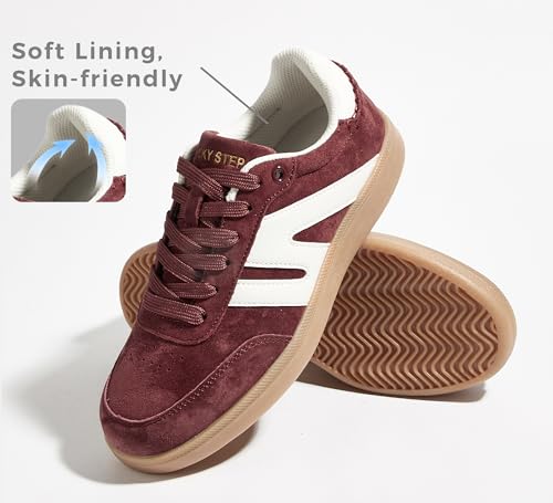 Image of LUCKY STEP Women Retro Gum Sole Fashion Sneakers | Genuine Leather Classic Tennis Skate Walking Shoes Anti Slip Trainers
