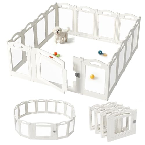 Image of Foldable Clear Acrylic Dog Playpen with Door, 23.6 inch Acrylic Puppy Playpen, Easy Assemble Indoor Pet Fence with White Frame, Clear Dog Playpen for Puppies & Animal (White, 23.6'H, 12 Panels + 1 Door)