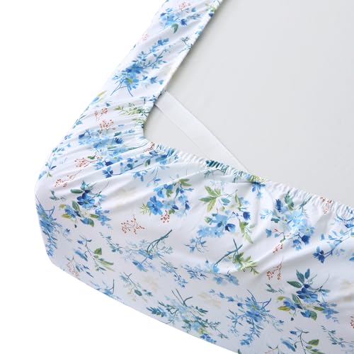Image of Mooreeke Cozy Vintage Microfiber Printed Queen Sheet Set - Soft & Breathable Percale Blue Green Floral Bed Sheets with Extra Deep Pocket - Non-Slip Fitted Design - Blue Green Flower Pattern