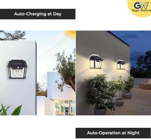 GIGAWATTS Outdoor Solar Wall Light with Motion Sensor Wireless Auto Chargeable Dusk to Dawn Exterior Sconce Security Lamps for Front Porch Patio Garden Camping Fence Garage (Warm Light, Pack of 2)