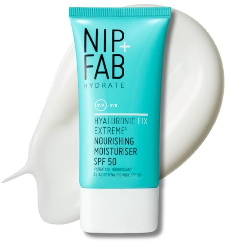 Nip + Fab Hyaluronic Fix Extreme4 Nourishing SPF 50 Moisturiser (50ml) – Ultra-Hydrating Daily Face Cream with Broad Spectrum UVA/UVB Protection, 1% Hyaluronic Acid & Polyglutamic Acid