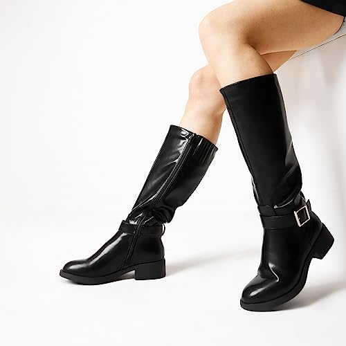 DREAM PAIRS DREAM PAIRS Women's Knee High Riding Boots Comfortable Low Chunky Heel Side Zipper Round Toe Casual Classic Ranching,Size 8.5,Black-Oil Skin,SDKB2307W
