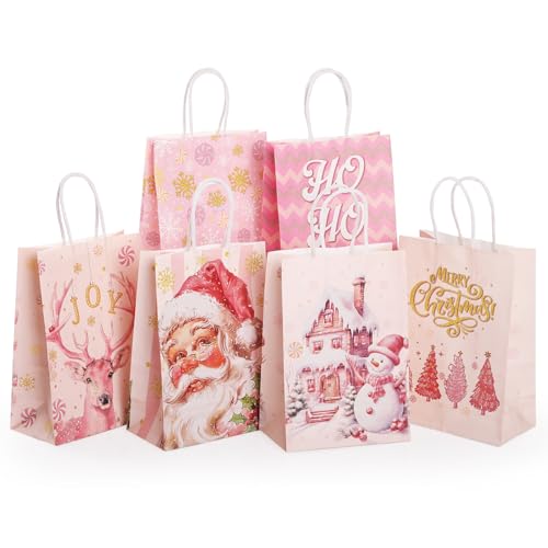 GeeRic Bolsas de Regalo Navidad, 24 Piezas Bolsas de Navidad Kraft Reutilizables con Tema para Dulces, Fiestas de Año Nuevo(Rosa）