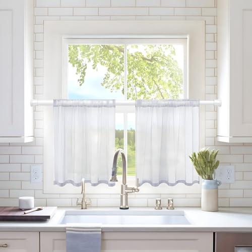 Image of 2 Pack Spring Tension Curtain Rod 28 to 39 inch, Adjustable Curtain Rods No Drilling Spring Curtain Rods Extendable Pressure DIY Tension Rod for Window Closet Kitchen, White