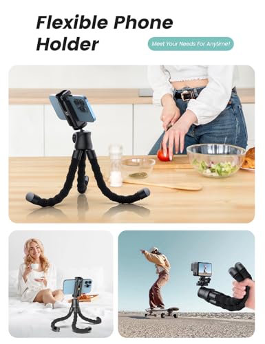 Handy Stativ mit Licht, Tragbarer und Flexibler Phone Tripod für Videoaufnahmen mit Kabelloser Fernbedienung, 360° Drehbare Tischplatte & Reisestative Stativ für Smartphones, iPhone, Kamera 6