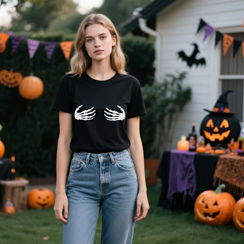 Halloween Shirts for Women 2025 - Skull Hand Pattern Print Short Sleeve Casual Round Neck Shirts4