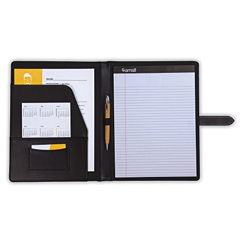 Image of Samsill Contrast Stitch Leather Padfolio and Business Portfolio for Men and Women, Resume /Document Organizer with Writing Pad and Strap Closure, Black (71740)