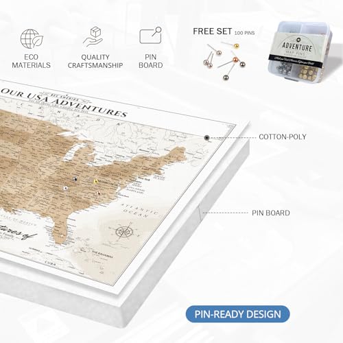 Image of IPIC - Custom Canvas USA Map for Wall Decor, Push Pin Travel Map to Mark Travels, Personalized Artwork with Name, Oversized Pinnalbe Wall Decor for Home, Office, Study or RV