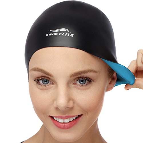 2-in-1 Premium Silicone Swim Cap - Reversible - Wear It On Both Sides - Wrinkle-Free Swimming Cap for Men and Women - Best for Short and Medium Lengh Hair (Blue/Black)