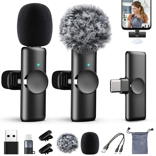 SPORTKEE 2 Packs Wireless Lavalier Microphone for iPhone 15/iPad/Android/Phone/PC/Laptop, Plug-Play Mini Mic with Noise Reduction, Lapel USB C Microphone for Video Recording, Interview, Vlogging