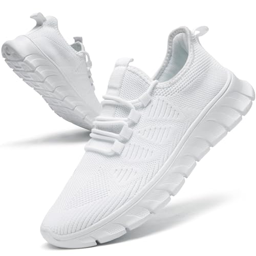 Mens Running Shoes Tennis Walking Gym Workout Slip on Athletic Fashion Sneakers Breathable Lightweight Sport Jogging Hiking Casual Shoe White Size 6.5