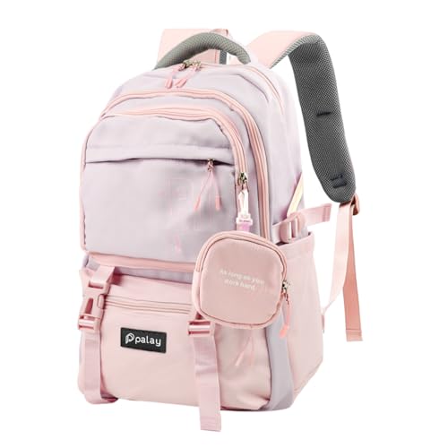 Image of PALAY Girls Backpack School Backpack with Small Zipper Pouch Fashion Pink Nylon with Padded Shoulder Straps & Handle Design Multi Compartment Large for School,Camping,Travel