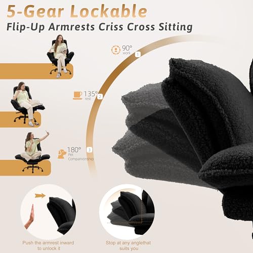Image of Wider Seat Office Chair with Flip Armrests for Criss Cross Legged&Cats, Big and Tall Executive Ergonomic Reclining Chair with Footrest&Lumbar Pillow, Teddy Fleece Desk Chair, Black Vanity Chair