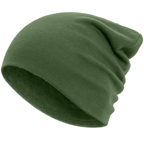 Simapu 100% Cotton Thin Beanie Hat for Men Women - Lightweight Breathable Knit Slouchy Beanie Cuffed Chemo Skull Cap Green