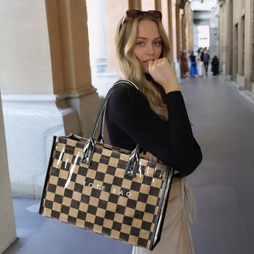 Image of KALIDI PVC Tote Bag Women's Kraft Paper Work Handbags Purses with Top Handle