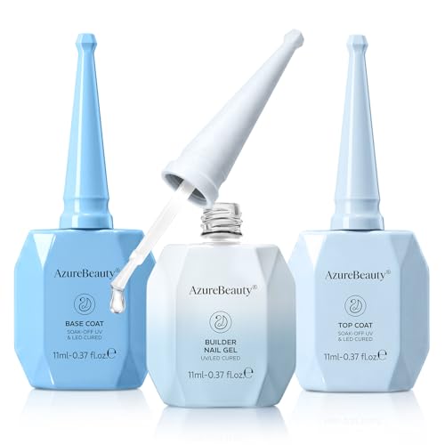 Image of AZUREBEAUTY Builder Nail Gel Kit, 3Pcs Clear Builder Gel with Base Coat and No Wipe Top Coat, UV LED Cured Extension Apex Building Set for Home Salon DIY, 11 mL