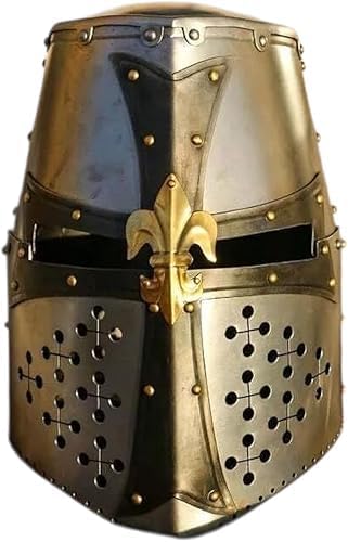 Medieval Knight Armor Helmet – Handcrafted Solid Steel & Brass Helmet with Leather Liner, Historical Warrior Replica for Display