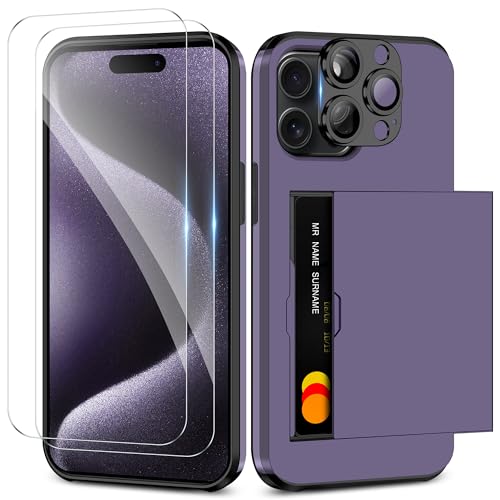 Image of Coolden for iPhone 15 Pro Case with Card Holder & 2 Screen Protector + 1 Camera Lens Protector Full Body Heavy Duty Protective Case Shockproof Wallet Case Cover for iPhone 15 Pro Phone Case-Purple